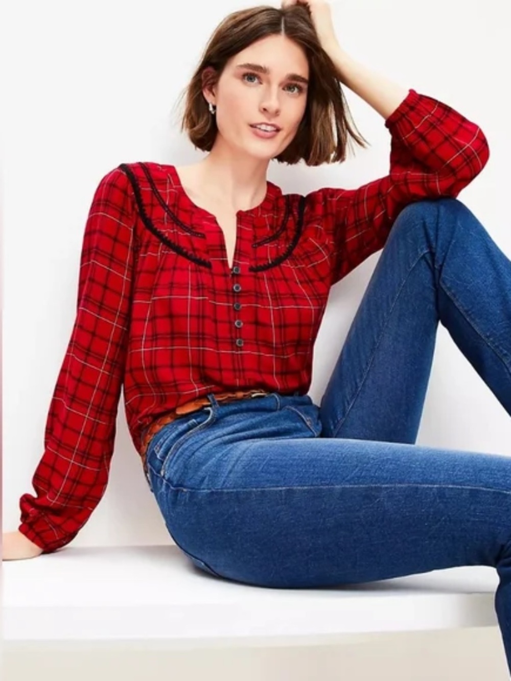 Loft Plaid Stitched Yoke Blouse Small